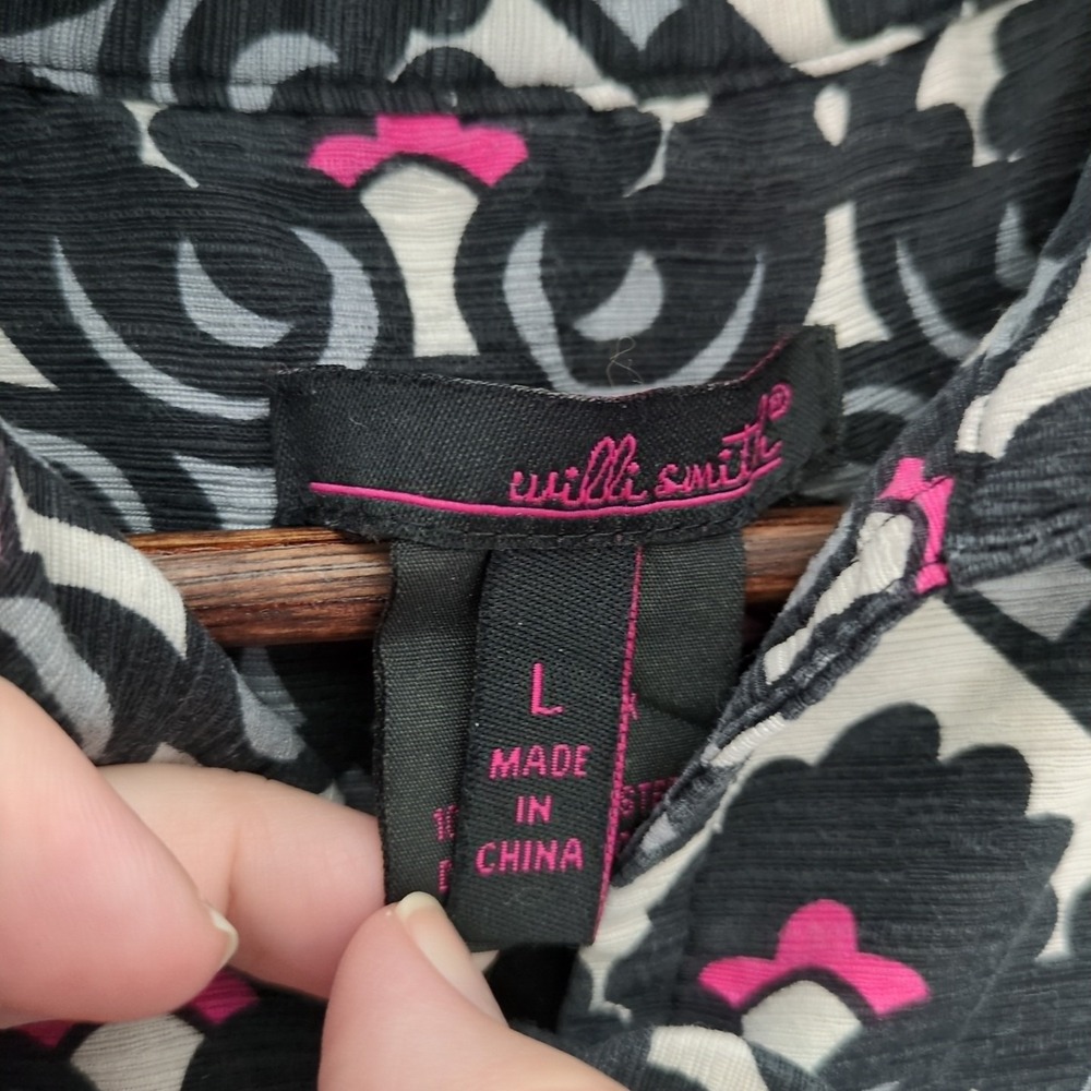 Willi Smith Bolero Jacket SZ L Silk Black White‎ Pink Grey Pattern Buttons Short - Picture 3 of 6